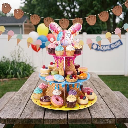 1 Pcs Ice Cream Drip Baseball Party Decorations Cupcake Stand in Bright Color, alternate view 6