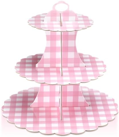 1 Pcs Pink Cupcake Stand Pink and White Gingham 3 Tier Cardboard Cupcake Holder Paper Baby Shower Stand Dessert