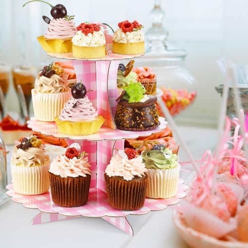 1 Pcs Pink Cupcake Stand Pink and White Gingham 3 Tier Cardboard Cupcake Holder Paper Baby Shower Stand Dessert, alternate