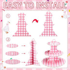 1 Pcs Pink Cupcake Stand Pink and White Gingham 3 Tier Cardboard Cupcake Holder Paper Baby Shower Stand Dessert, alternate