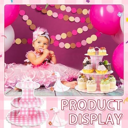 1 Pcs Pink Cupcake Stand Pink and White Gingham 3 Tier Cardboard Cupcake Holder Paper Baby Shower Stand Dessert, alternate