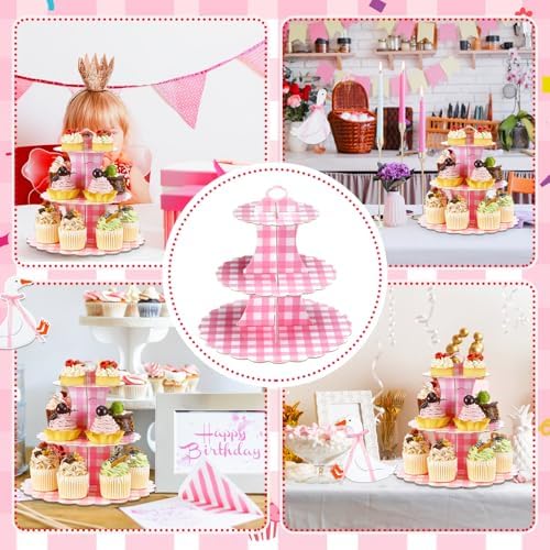 1 Pcs Pink Cupcake Stand Pink and White Gingham 3 Tier Cardboard Cupcake Holder Paper Baby Shower Stand Dessert, alternate