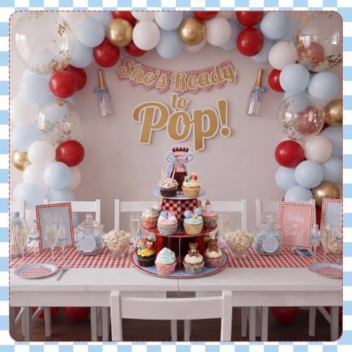 1 Pcs Shes Ready to Pop 3 Tier Cupcake Stand in red, blue, white, alternate view 2