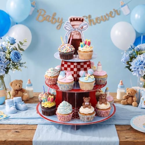 1 Pcs Shes Ready to Pop 3 Tier Cupcake Stand in red, blue, white, alternate view 5
