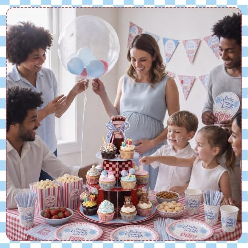 1 Pcs Shes Ready to Pop 3 Tier Cupcake Stand in red, blue, white, alternate view 6