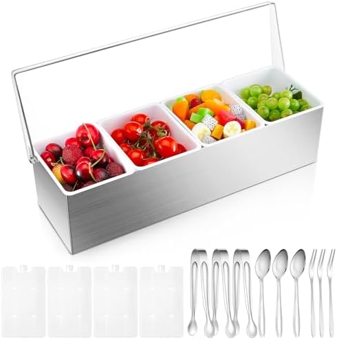 1 Pcs Stainless Steel 4Slot Chilled Condiment Caddy with 4 Ice Boxes