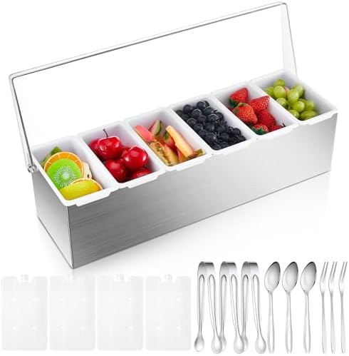 1 Pcs Stainless Steel 6Slot Chilled Condiment Caddy with 4 Ice Boxes in silver and white