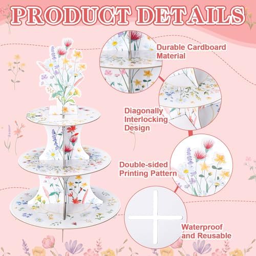 1 Pcs Wildflower Party Decorations 3 Tier Floral Cupcake Stand in Bright Color, alternate view 4
