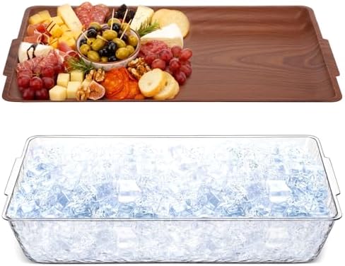 1 Set 16" x 9" Plastic Chilled Serving Tray for Parties, Dark Wood in Dark Wood
