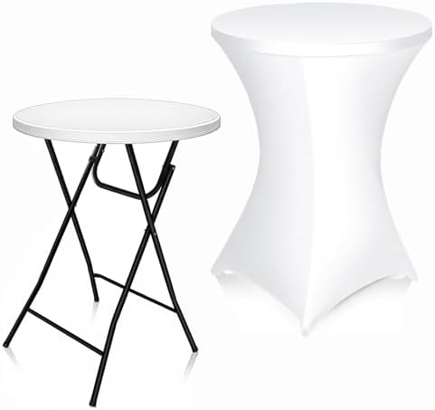 1 Set 32"x43" High Top Folding Cocktail Tables & Covers, White in White