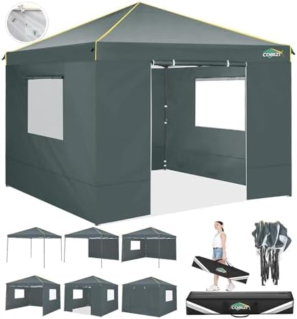 10×10 Easy Setup Pop Up Canopy Gazebo with Mesh Windows 2.0, Grey in Grey