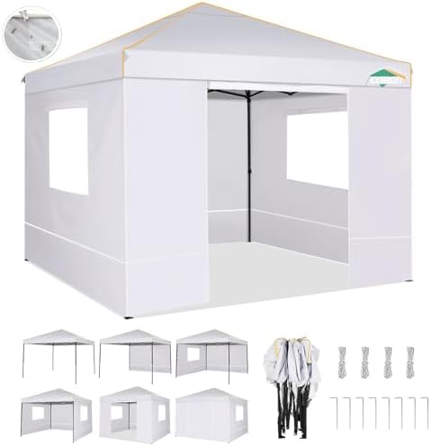 10×10 Easy Setup Pop Up Canopy Gazebo with Mesh Windows 2.0, White in White