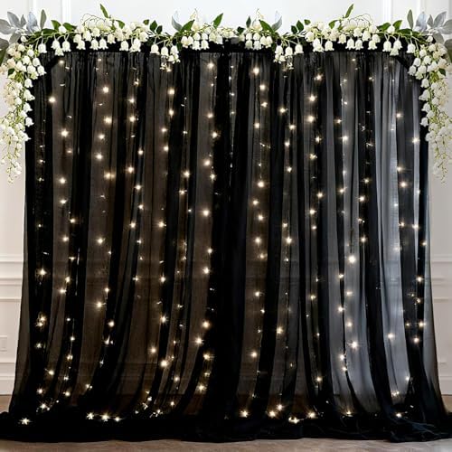 10×10ft Black Tulle Backdrop Curtain with Light(4 Panels 5×10ft) in 10×10ft, alternate view 2