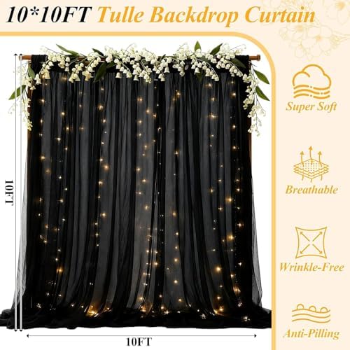 10×10ft Black Tulle Backdrop Curtain with Light(4 Panels 5×10ft) in 10×10ft, alternate view 3
