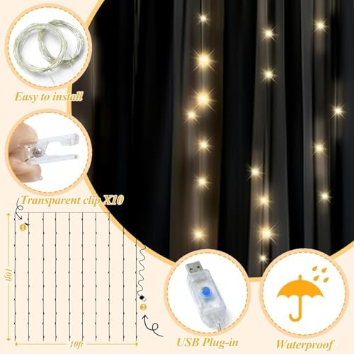 10×10ft Black Tulle Backdrop Curtain with Light(4 Panels 5×10ft) in 10×10ft, alternate view 4