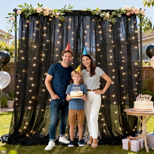 10×10ft Black Tulle Backdrop Curtain with Light(4 Panels 5×10ft) in 10×10ft, alternate view 7