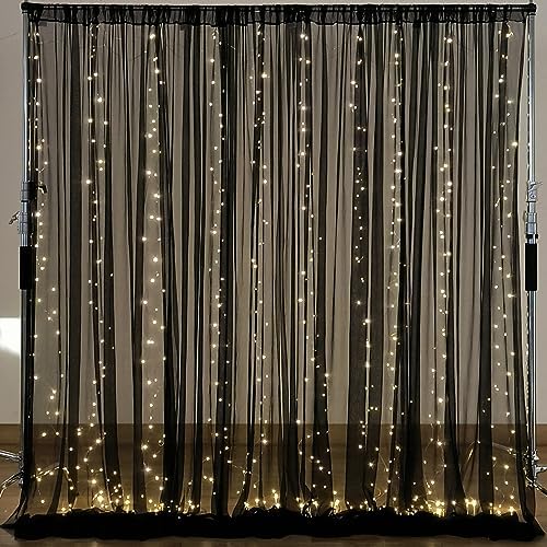 10×10ft Black Tulle Backdrop Curtain with Lights String for Parites, Sheer Photo Backdrop Curtains for Wedding