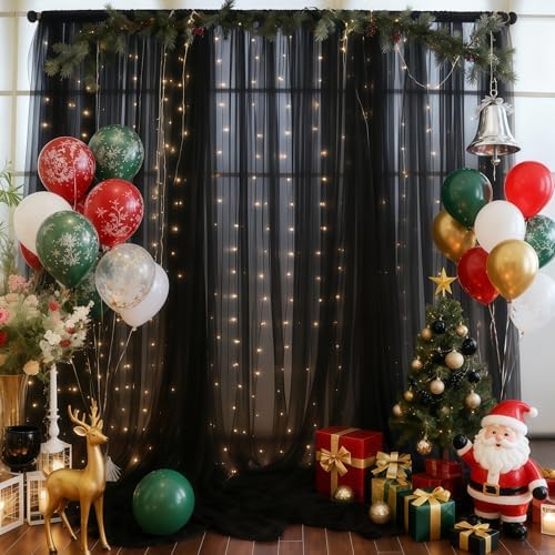10×10ft Black Tulle Backdrop Curtain with Lights String for Parites, Sheer Photo Backdrop Curtains for Wedding, alternate