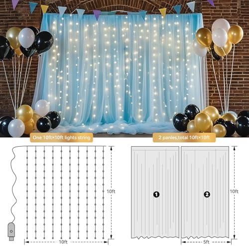10×10ft Blue Tulle Backdrop Curtain with Light(6 Panels 5×10ft) in 30×10ft(6 Panels 5×10ft) in Blue, alternate view 3