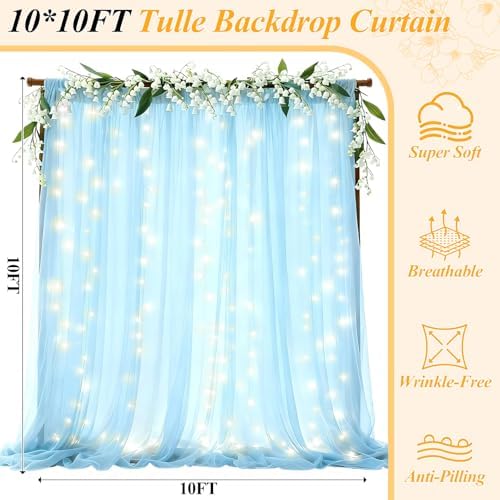 10×10ft Blue Tulle Backdrop Curtain with Light(6 Panels 5×10ft) in 30×10ft(6 Panels 5×10ft) in Blue, alternate view 5