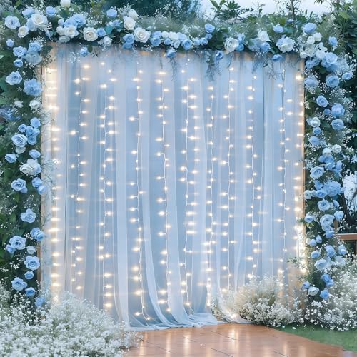 10×10ft Blue Tulle Backdrop Curtain with Lights String for Parties, Sheer Photo Curtain Backdrop Drapes for