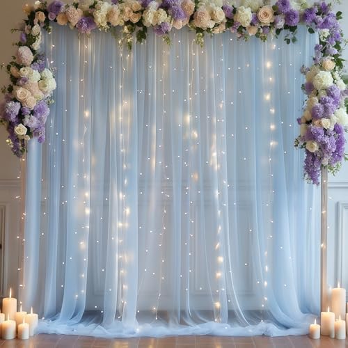 10×10ft Blue Tulle Backdrop Curtain with Lights String for Parties, Sheer Photo Curtain Backdrop Drapes for, alternate view 2