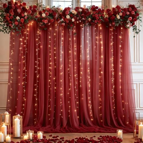 10×10ft Burgundy Tulle Backdrop Curtain with Lights String for Parties, Sheer Photo Backdrop Curtains for, alternate view 6