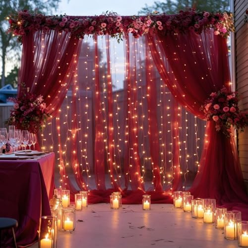 10×10ft Burgundy Tulle Backdrop Curtain with Lights String for Parties, Sheer Photo Backdrop Curtains for, alternate view 7
