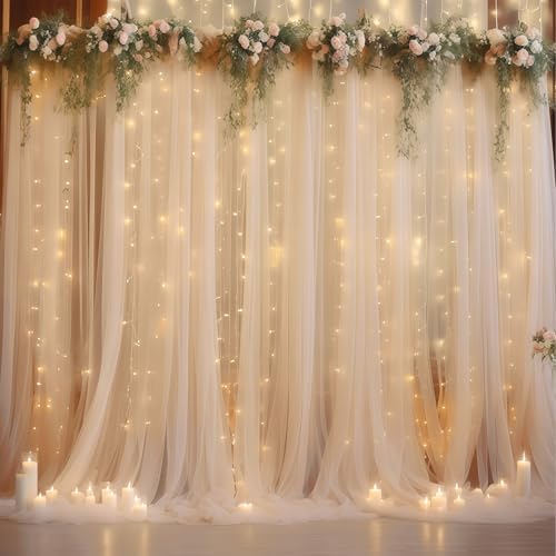 10×10ft Champagne Tulle Backdrop Curtain with Lights String for Parites, Sheer Photo Curtain Backdrop Drapes for
