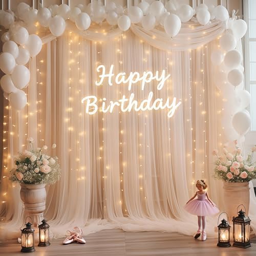 10×10ft Champagne Tulle Backdrop Curtain with Lights String for Parites, Sheer Photo Curtain Backdrop Drapes for, alternate