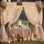10×10ft Champagne Tulle Backdrop Curtain with Lights String for Parites, Sheer Photo Curtain Backdrop Drapes for, alternate