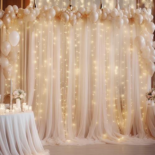 10×10ft Champagne Tulle Backdrop Curtain with Lights String for Parites, Sheer Photo Curtain Backdrop Drapes for, alternate