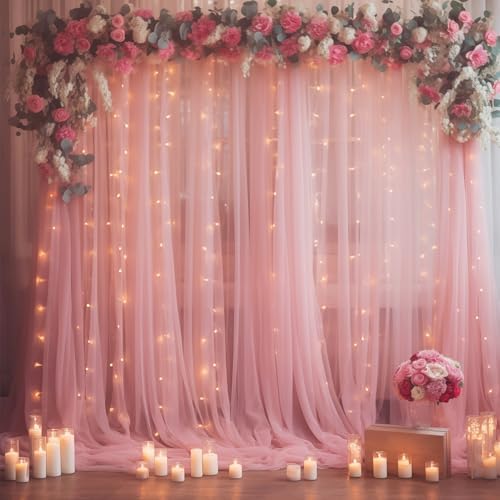 10×10ft Dusty Rose Tulle Backdrop Curtain with Lights String for Parties, Sheer Photo Curtain Backdrop Drapes