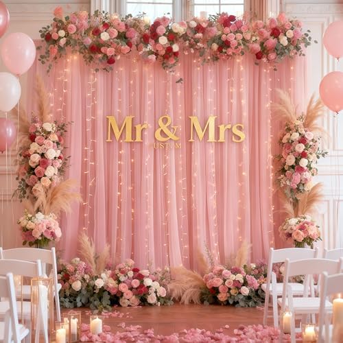 10×10ft Dusty Rose Tulle Backdrop Curtain with Lights String for Parties, Sheer Photo Curtain Backdrop Drapes, alternate view