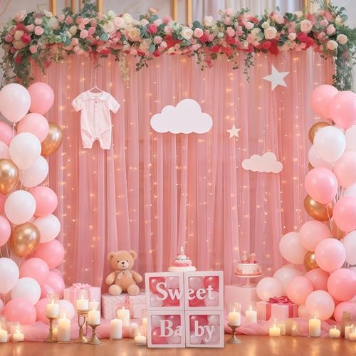 10×10ft Dusty Rose Tulle Backdrop Curtain with Lights String for Parties, Sheer Photo Curtain Backdrop Drapes, alternate view