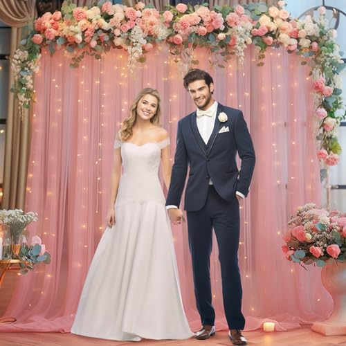 10×10ft Dusty Rose Tulle Backdrop Curtain with Lights String for Parties, Sheer Photo Curtain Backdrop Drapes, alternate view