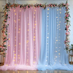 10×10ft Pink Blue Tulle Backdrop Curtain with Lights String for Parties, Sheer Photo Backdrop Curtains for