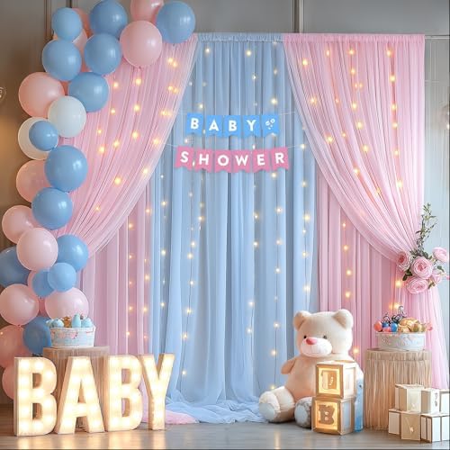 10×10ft Pink Blue Tulle Backdrop Curtain with Lights String for Parties, Sheer Photo Backdrop Curtains for, alternate view 2