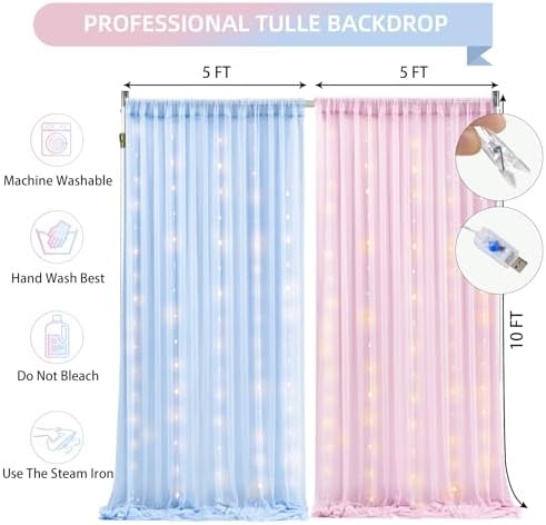 10×10ft Pink Blue Tulle Backdrop Curtain with Lights String for Parties, Sheer Photo Backdrop Curtains for, alternate view 3