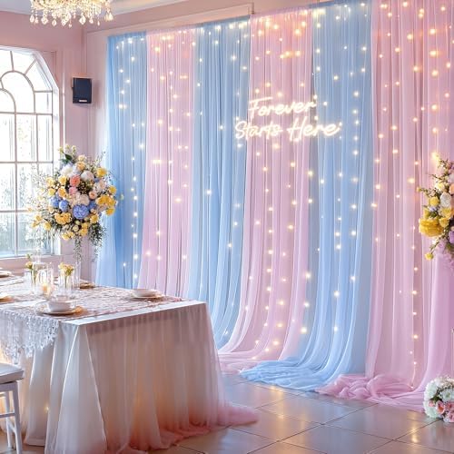 10×10ft Pink Blue Tulle Backdrop Curtain with Lights String for Parties, Sheer Photo Backdrop Curtains for, alternate view 4
