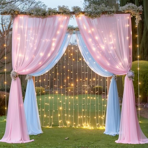 10×10ft Pink Blue Tulle Backdrop Curtain with Lights String for Parties, Sheer Photo Backdrop Curtains for, alternate view 6