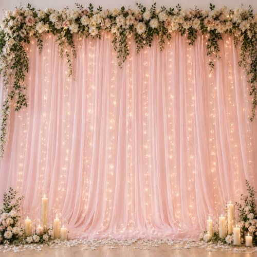 10×10ft Pink Tulle Backdrop Curtain with Light(2 Panels 5×10ft) in 10×10ft