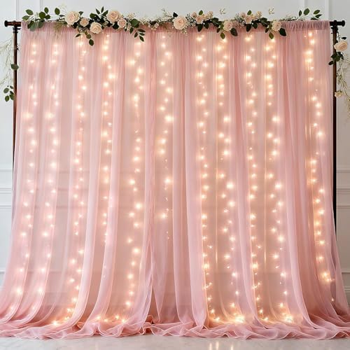 10×10ft Pink Tulle Backdrop Curtain with Light(2 Panels 5×10ft) in 10×10ft, alternate view 2
