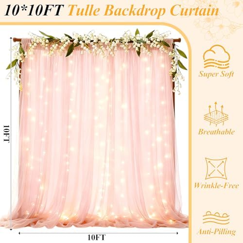 10×10ft Pink Tulle Backdrop Curtain with Light(2 Panels 5×10ft) in 10×10ft, alternate view 4