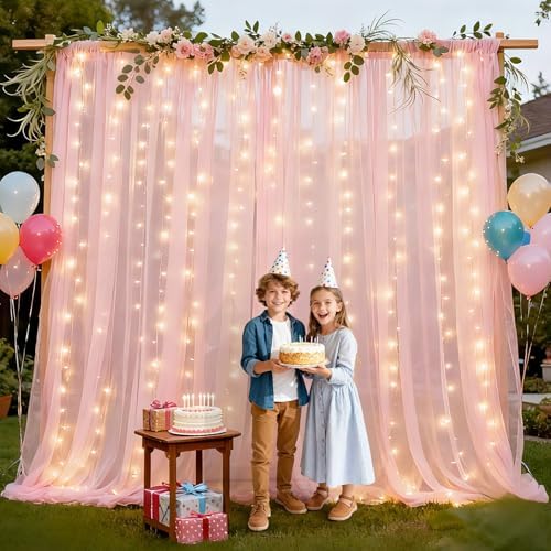10×10ft Pink Tulle Backdrop Curtain with Light(2 Panels 5×10ft) in 10×10ft, alternate view 5