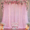 10×10ft Pink Tulle Backdrop Curtain with Lights String for Parties, Sheer Photo Curtain Backdrop Drapes for