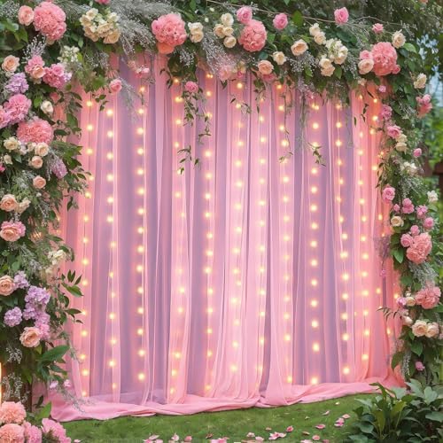 10×10ft Pink Tulle Backdrop Curtain with Lights String for Parties, Sheer Photo Curtain Backdrop Drapes for, alternate view 2