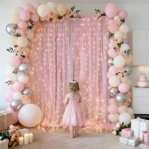 10×10ft Pink Tulle Backdrop Curtain with Lights String for Parties, Sheer Photo Curtain Backdrop Drapes for, alternate view 3