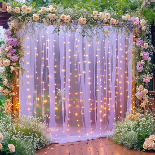 10×10ft Purple Tulle Backdrop Curtain with Lights String for Parties, Sheer Photo Curtain Backdrop Drapes for