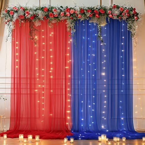 10×10ft Royal Blue Red Tulle Backdrop Curtain with Lights String for Parties, Sheer Photo Backdrop Curtains for